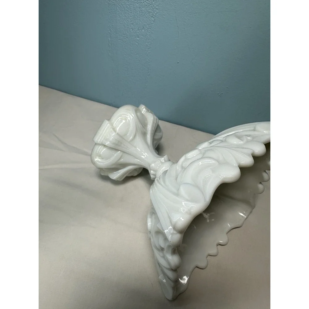 Vintage Portieux Vallerysthal French White Milk Glass Scrolled Compote Dish